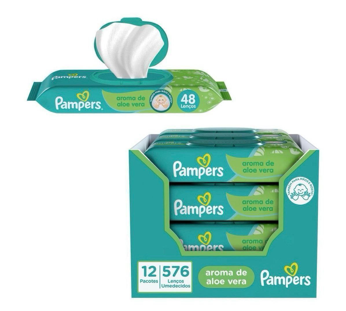 Kit Lenço Umedecido para Limpeza Pampers - Aloe Vera - 12 Pacotes.