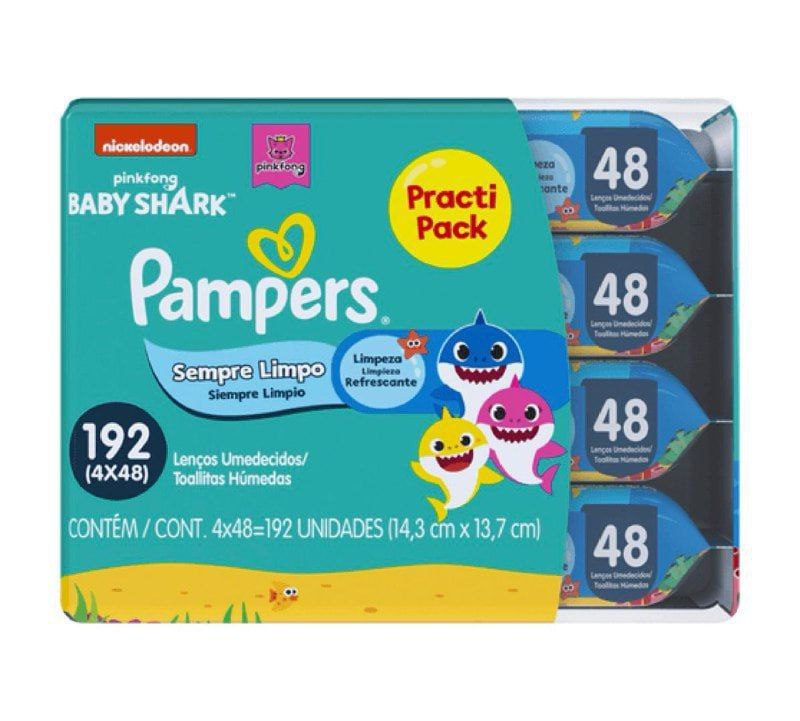 Lenços Umedecidos Pampers Splashers Baby Shark 192 Unidades (4 pacotinhos com 48 unidades cada)