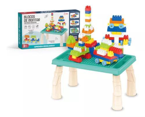 MESA INFANTIL EDUCATIVA COM BLOCOS DE MONTAR MEGA COMPRAS (Azul)