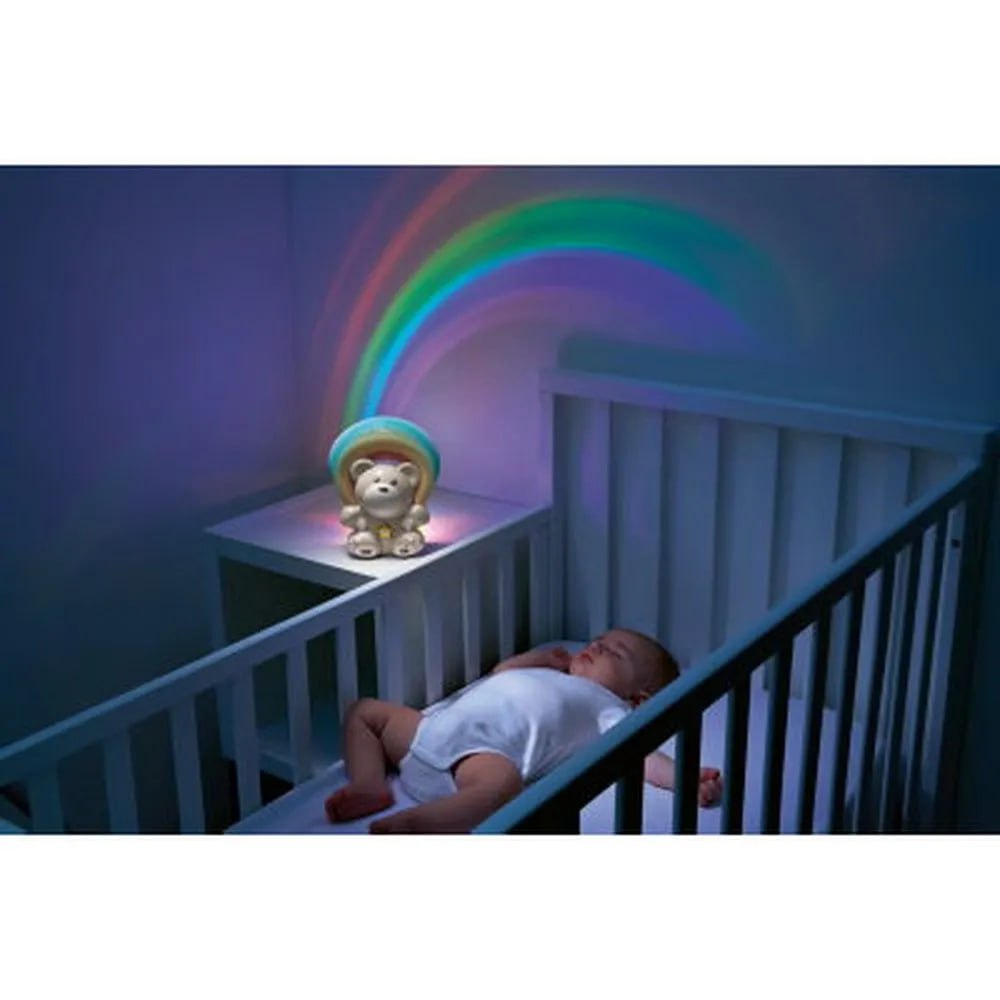 ✨Projetor Infantil Arco Iris Chicco Luminaria Ursinho Rainbow Neutro Com Musicas Bege