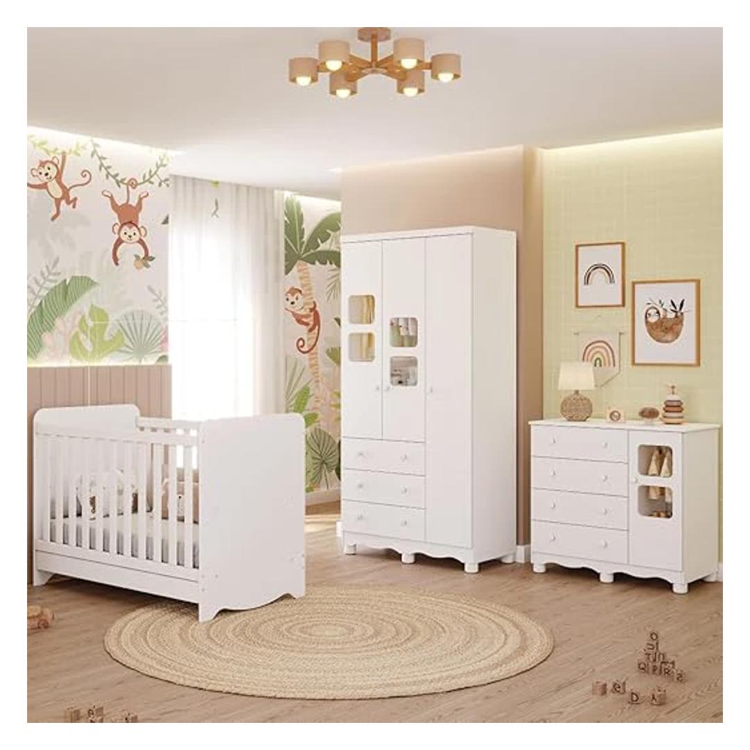 Quarto de Bebê Completo com Berço Americano Ben 3 Em 1 Guarda Roupa 3 Portas e Cômoda Uli 4 Gavetas