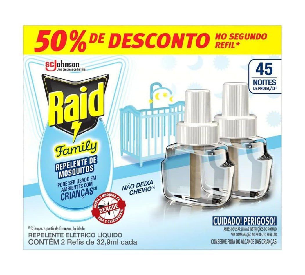 Refil Líquido Repelente Elétrico Raid 45 Noites Family 2 Unidades