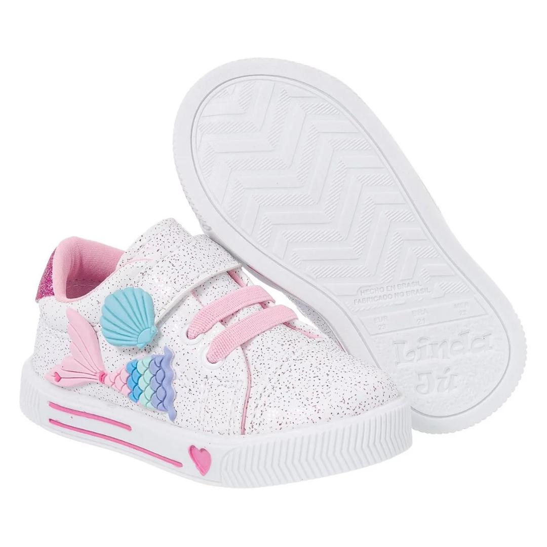 Tênis Menina Infantil Sereia Brilho Delicado Coração Criança Velcro Colorido Star Bebê 20 ao 27