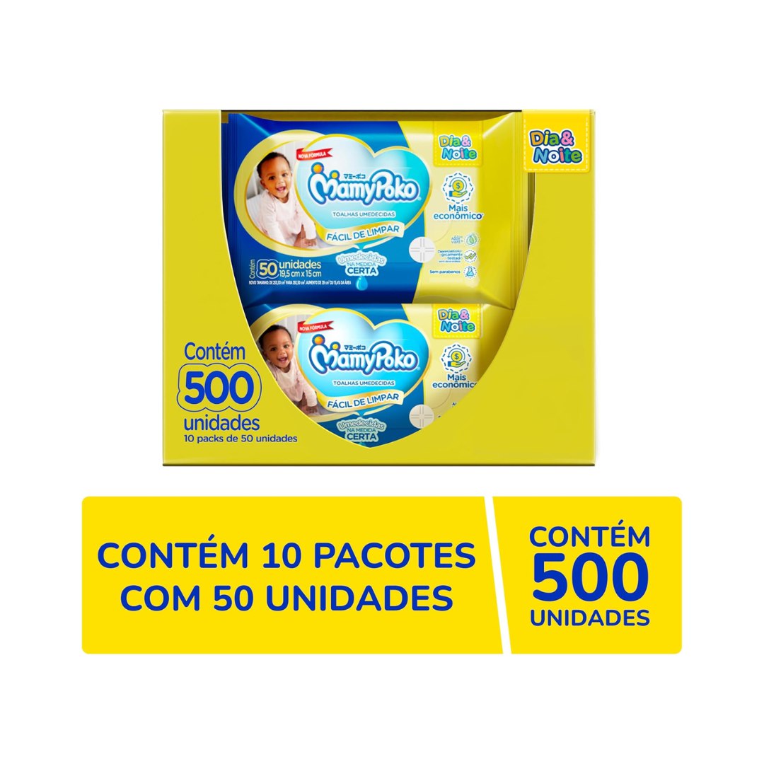 Toalha Umedecida MamyPoko Dia&Noite - 500 Unidades (10 pacotes com 50 unidades cada)