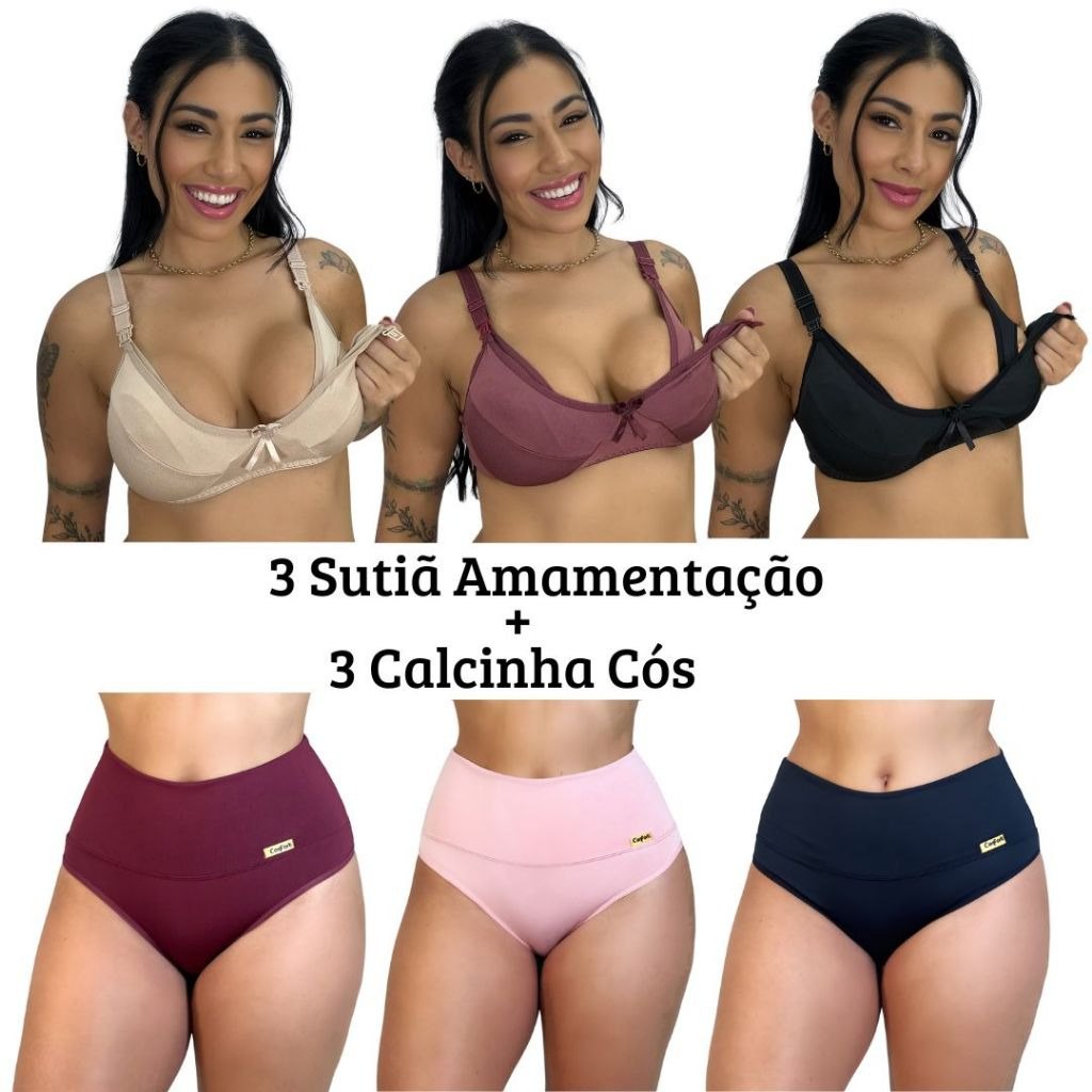 💜 3 Calcinha Compressão + 3 Sutiã Amamentação