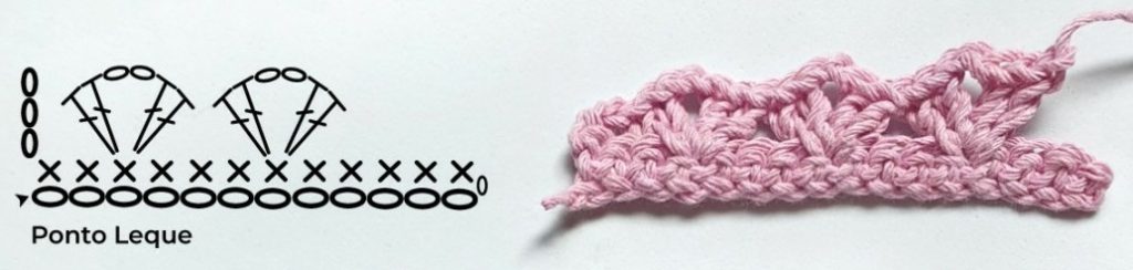 Fralda de Boca: Tipos, Bordados e Como Personalizar para Bebês Desenho do ponto leque e um pequeno crochê rosa mostrando o ponto leque aplicado, ideal para personalização de fraldas de boca.