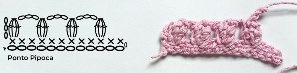 Fralda de Boca: Tipos, Bordados e Como Personalizar para Bebês Desenho do ponto pipoca e um pequeno crochê rosa mostrando o ponto pipoca finalizado, ideal para personalizar fraldas de boca.