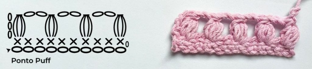 Fralda de Boca: Tipos, Bordados e Como Personalizar para Bebês Desenho do ponto puff e um pequeno crochê rosa mostrando o ponto puff finalizado, ideal para personalizar fraldas de boca.