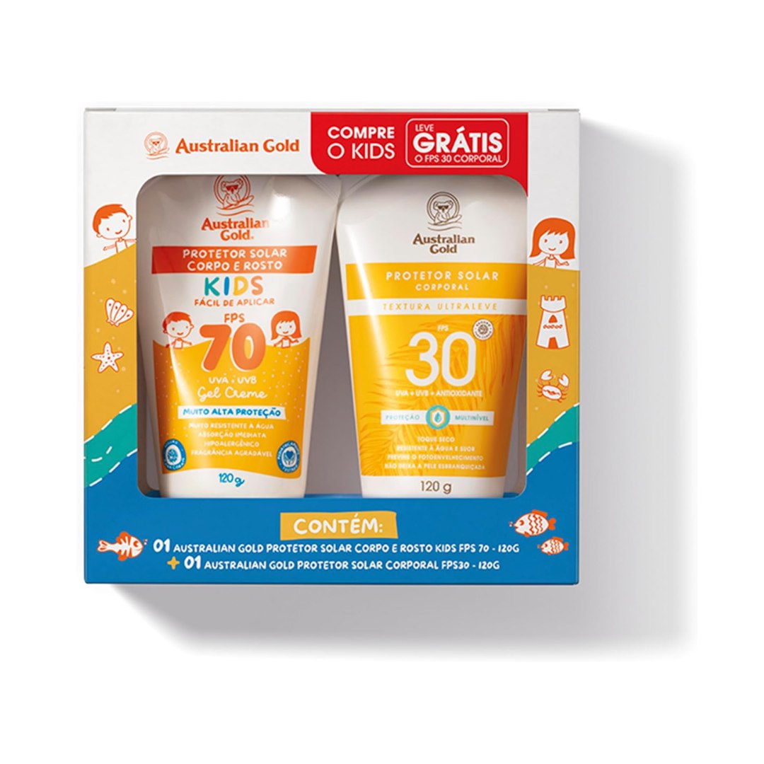 AUSTRALIAN GOLD PROMOPACK ALTA PROTEÇÃO PROTETOR SOLAR CORPORAL E KIDS FPS 30 E 70-120g