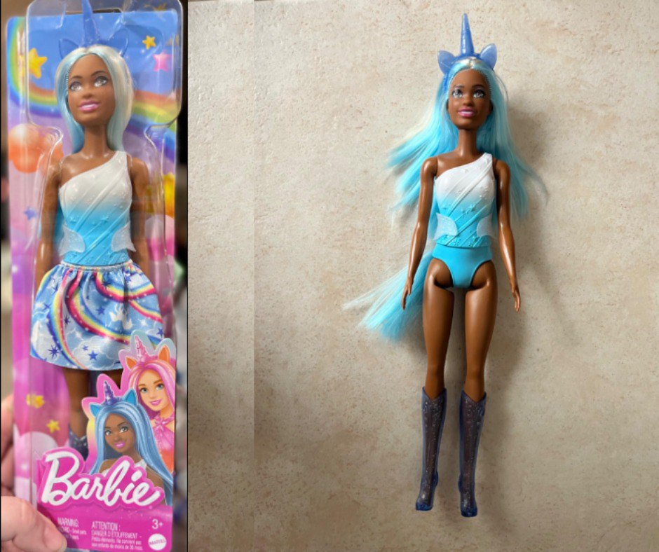 Barbie Um Toque de Mágica, Boneca Saia de Unicórnio de Sonho Azul, Cabelo Azul, Acessórios Brilhantes