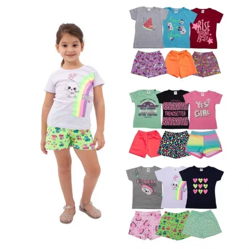 KIT Sortido 10 peças de Roupas Infantil menina - 5 Camisetas + 5 bermudas -