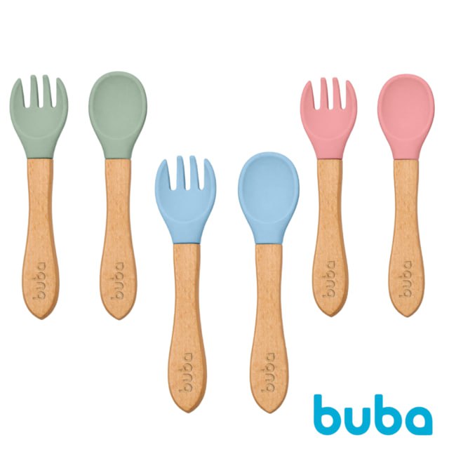 Kit Talheres Silicone E Bambu Buba
