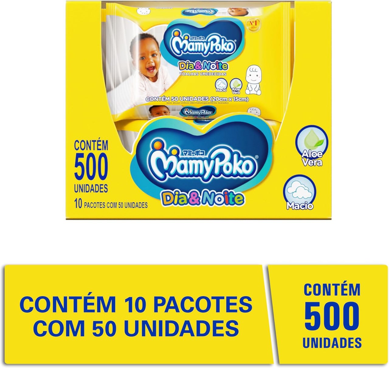 Lenços Umedecidos MamyPoko Dia&Noite 500 Unidades (10 Pacotes de 50 Uni Cada)