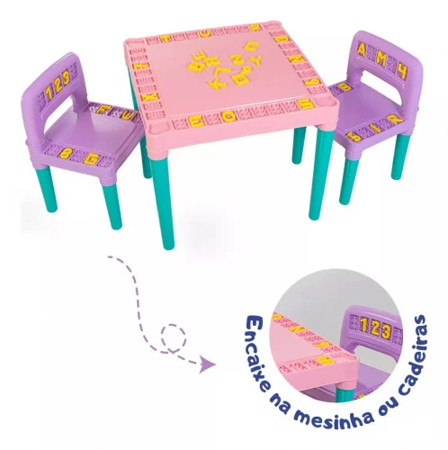Mesa Infantil Colorida Com 2 Cadeira Tritec Educativa Menina Rosa