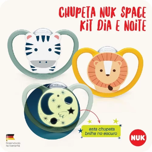 NUK Kit Com 3 Chupetas Space 18  Meses – Dia E Noite