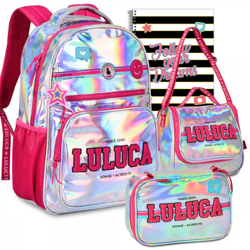 Mochila Luluca Holográfica Infantil, com brilho e design moderno para meninas.