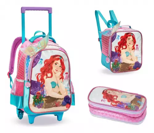 Mochila Rodinha Infantil Lancheira Estojo Sereia Cor Bordô