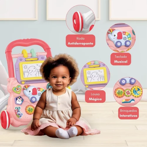 Andador Infantil de Empurrar Didático para Bebê Teclado Musical Lousa Mágica Brinquedo Educativo