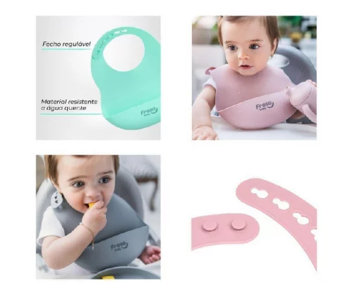 Babador Silicone Freso Baby Com Bolso Pega Migalhas (3 Cores)