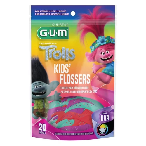 Flosser GUM Trolls, Fio Dental com haste, Sabor Uva, 20 unid., Gum, Sortidas, Pequeno