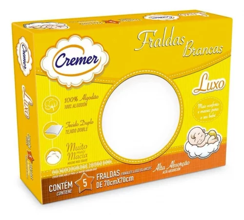 Fralda De Pano Cremer Luxo Branca 70cm X 70cm com 5 unidades