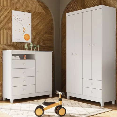 Guarda Roupa Infantil 4 Portas Com Cômoda 1 Porta 4 Gavetas Aquarela Branco -  Clique Chique Móveis