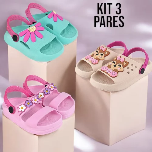 Kit 3 Pares Sandália Papete Infantil Menina e Chinelo Nuvem