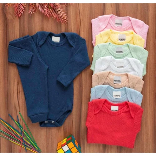 Kit 6 Peças Bebê Pagão Canelado Longo 100% Algodão 3 Body 3 Calças
