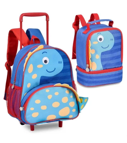 Kit Escolar Dinossauro Mochila Rodinha 13" Lancheira Térmica 9" Pets Clio Pets (Azul)