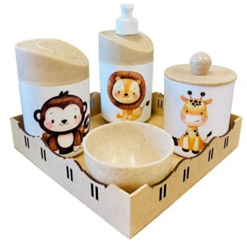 Kit Higiene Bebê Safari c/ Bandeja Quadrada Crua em MDF