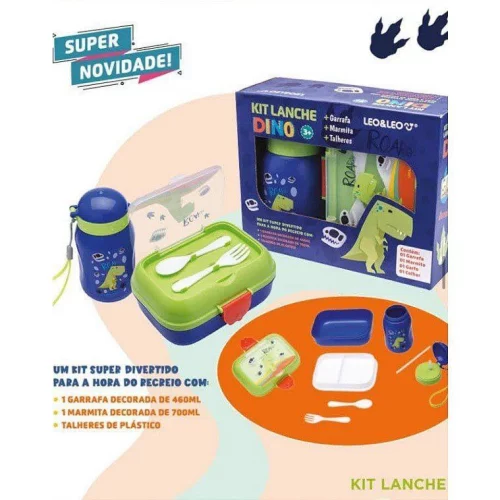Kit Lanche Dino Garrafa Plástica 500ml + Marmita 700ml