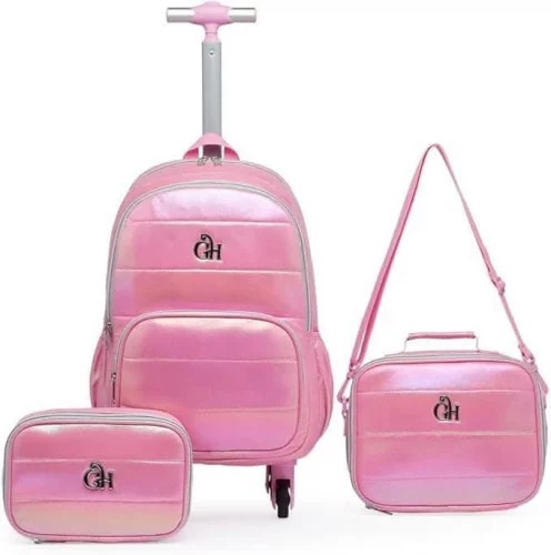 Kit Mochila Rodinha Feminina Lancheira Térmica Estojo Escolar