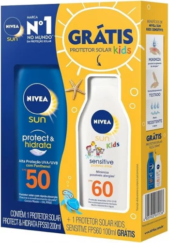💚 Kit Protetor Solar Protect & Hidrata FPS50 200ml + Protetor Solar Kids Sensitive FPS60 100ml, Nivea