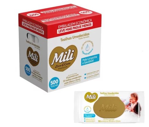 Lenço Umedecido Mili Love & Care Premium 500 unidades (10 pacotes com 50un cada)