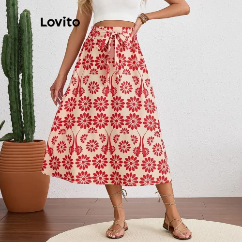 Lovito Saia Boho Floral Tie Front para Mulheres LBL19488