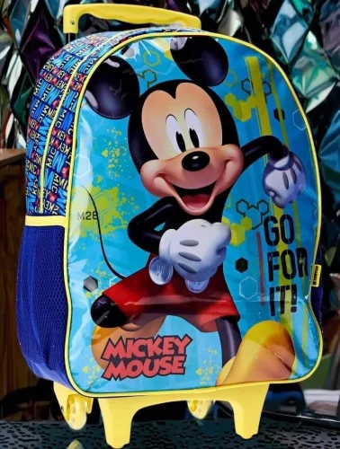 Mochila Rodinha G Escolar Infantil Mickey Mouse Disney Cor Azul Com Verde