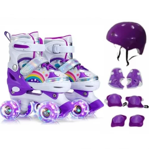 Patins Infantil 4 Rodas Roxo ARCO IRIS Com Luz De Led E Glitter Top Com Kit Proteção Promoção