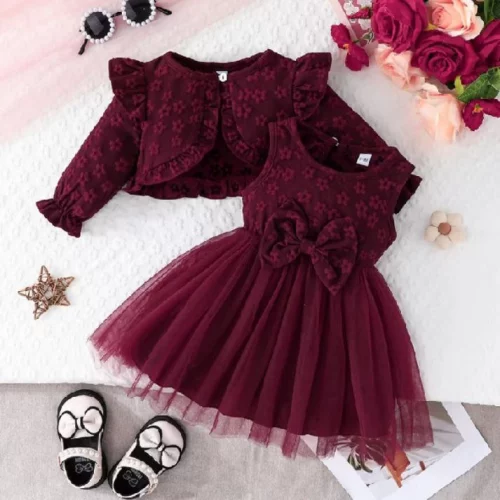 Conjunto Roupa Infantil Menina 6Meses-3 Anos Verão Moda Manga Longa Botão Casaco Suspensórios Vestidos Floral Tule De Princesa Para Bebê Recém-Nascidos