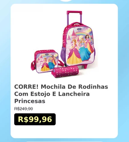 🛍️CORRE! Mochila De Rodinhas Com Estojo E Lancheira Princesas