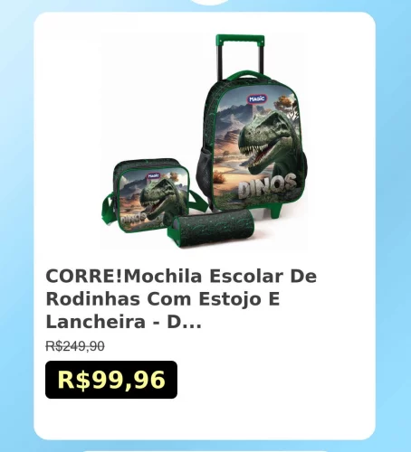 🛍️CORRE!Mochila Escolar De Rodinhas Com Estojo E Lancheira - Dinos