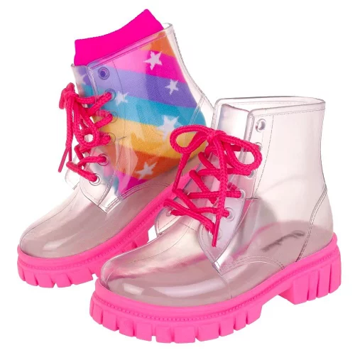 Coturno Infantil Transparente + Meia Listrada Colorido Tratorada Bota Cadarço LueLua Galocha nº 21 ao 32 Menina