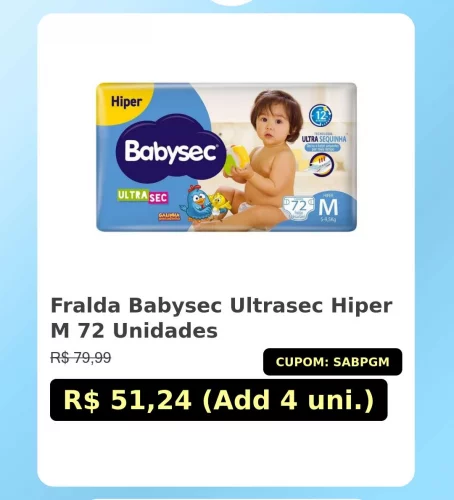 🛍️Fralda Babysec Ultrasec Hiper M 72 Unidades