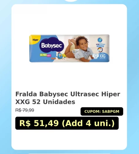 🛍️Fralda Babysec Ultrasec Hiper XXG 52 Unidades