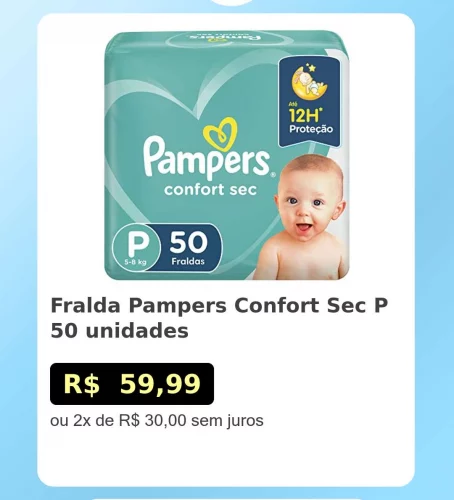 🛍️Fralda Pampers Confort Sec P 50 unidades