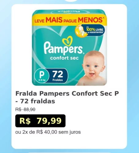 🛍️Fralda Pampers Confort Sec P - 72 fraldas