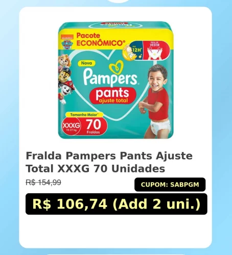 🛍️Fralda Pampers Pants Ajuste Total XXXG 70 Unidades