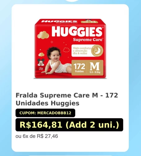 🛍️Fralda Supreme Care M - 172 Unidades Huggies