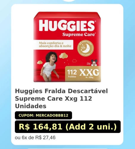 🛍️Huggies Fralda Descartável Supreme Care Xxg 112 Unidades
