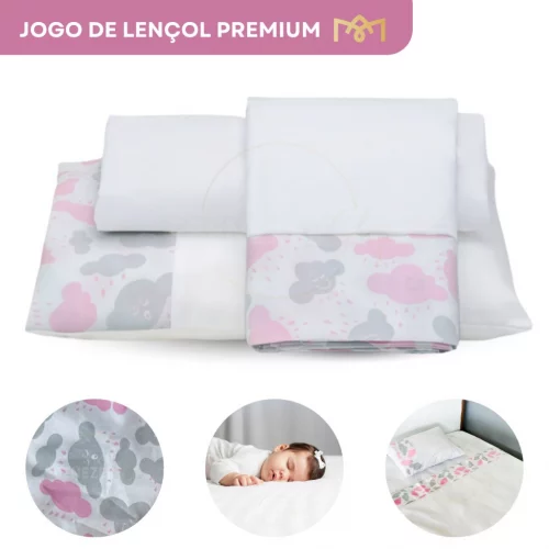 Jogo de Lençol 03 Peças Berço Infantil Padrão Americano Estampado Enxoval Luxo Macio Bebê Premium