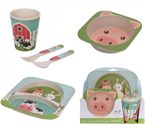 Jogo Para Refeição Mimo Style Feito de Bambu Natural Ecológico (Prato, Garfo, Bowl e Copo 320ml)